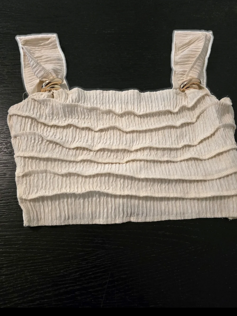 SHEIN Cream Ruffled Smocked Crop Top with Gold Ring Straps